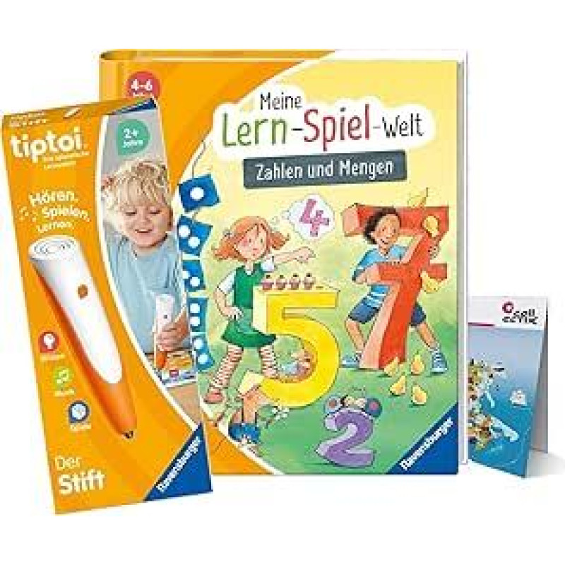 Ravensburger tiptoi Set: My Learning Game World - Numbers and Quantities (Children's Book) + 00110 Pen + Children's World Map, Educational Toy for Children