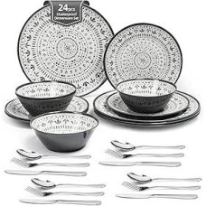 24 dalių melamino indų rinkinys Stovyklavimo indai 4 asmenims, lėkščių rinkinys ir pietų servizas - kelionėms ir lauko reikmėms