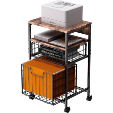 Aktenwagen mit 4 Ebenen, mobiler Aktenschrank mit 2 Schubladen, Druckerständer mit hängendem Organizer, Dunkelbraun
