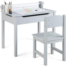FANTASK Vaikų rašomasis stalas su kėde, vaikiškas rašomasis stalas su popieriaus ritinėliu ir žymekliu, vaikiškas sėdimųjų vietų rinkinys su sulankstomu stalviršiu, vaikiškas rašomasis stalas su laikymo vieta vaikams nuo 3 metų (pilkas)