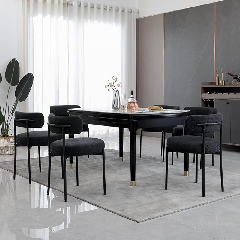AISALL valgomojo kėdės, 6 kėdžių rinkinys, virtuvės kėdės su atlošais, juodas metalinis rėmas, modernus retro dizainas, minkštos kėdės, virtuvės kėdės, valgomojo kėdės, juodos spalvos