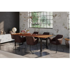 SAM Laura Valgomojo komplektas su 1x Wane Stalas 200 x 100 cm Akacijų mediena Riešutmedžio spalva 6 x Kirin porankiai Zomšos išvaizdos valgomojo stalas su 6 kėdėmis