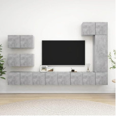 Homgoday TV Cabinet Set, 8 Pieces, Cement Grey Chipboard TV Cabinet, Low TV Cabinet for Coffee Table, Industrial Coffee Table, TV Stand for Living Room