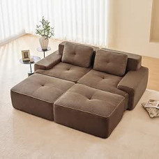 JCFEIDQW Modulinė sofa 2 Sitzer mit 2 Ottoman, Modernes Boneless Couch mit Tiefsitz, Bequemes Corduroy Cloud, rutschfeste Sicherheit&Breite Armlehnen für Kleines Wohnzimmer und Wohnung(Braun)
