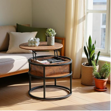 EGGREE Apvalus kavos staliukas su pakeliama plokšte, reguliuojamo aukščio šoninis staliukas su vieta daiktams laikyti 60 x 60 x 48 cm - 62 cm, nedidelis svetainės staliukas Kavos staliukas namų biurui, rudos spalvos