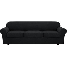 H.VERSAILTEX įtempiami sofos užvalkalai 3 pagalvėms, sofos užvalkalai svetainės baldams, užvalkalai (pagrindo užvalkalas ir 3 sėdynių pagalvėlių užvalkalai), patobulintas storesnis žakardinis audinys (XL sofa, juoda), 4 pakuotės