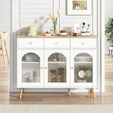 Wyibwy Modern Sideboard with 3 Drawers and 3 Doors in Curved Tempered Glass, Simple Buffet with 5 Solid Wood Legs of 94 cm, Living Room Sideboard 120 x 30 x 94 cm, White