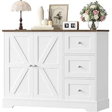 HOCSOK šoninė spintelė, virtuvės spintelė su 3 stalčiais ir 2 durelėmis, bufeto spintelė su stalviršiais virtuvei, valgomajam, svetainei, balta ir ruda