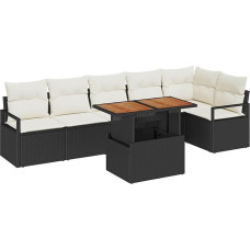7-teiliges Garten-Sofa-Set mit Kissen Schwarz Poly-Rattan Akazie, 2-Sitzer Garten-Sofa mit Kissen Schwarz Poly-Rattan Gartenlounge Model3349718