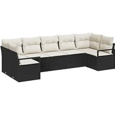 7-teiliges Garten Sofa Set mit Kissen Schwarz Poly-Rattan, 2-Sitzer Garten Sofa mit Kissen Schwarz Poly-Rattan Gartenlounge Modelis3346527