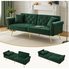 2 sėdimų vietų sofa-lova - aksomo minkštasuolis su 3 lygių reguliavimu ir paauksuotomis metalinėmis kojelėmis Stilinga sofa su miego funkcija - žalia