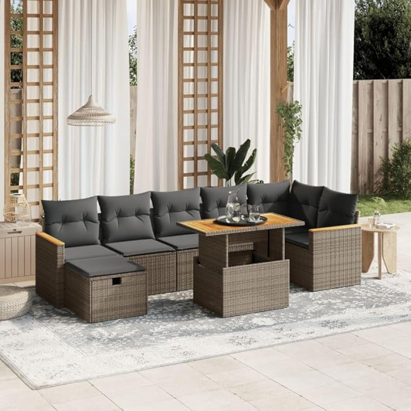 Komplektas Schlafsofa, 8-teiliges Gartensofa-Set mit grauen Kissen aus Polyrattan, Set für Schlafsofa, Wohnzimmer, Gartensofa, modernes Sofaset für den Außenbereich, Möbel