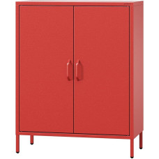 Jan Nowak VITO Metal Sideboard with Double Door, Magnetic Closure, Adjustable Shelves, Highboard Living Room, Hallway, Industrial Design, 80 x 101.5 x 40 cm, Red