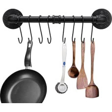 BTSKY 40cm Industrial Pipe Pan Rack with 8 Hooks - Wall Mounted Kitchen Utensils Cookware Hanger Organizer Kitchen Utensils Lid Towel Rack