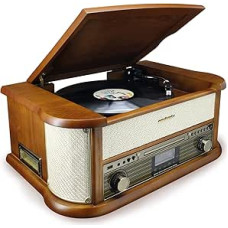 Soundmaster NR566BE 7-in-1 nostalgiška stereo sistema su patefonu Audio Technica magnetinis imtuvas Skaitmeninis radijas DAB+ CD-MP3 USB kasetė 