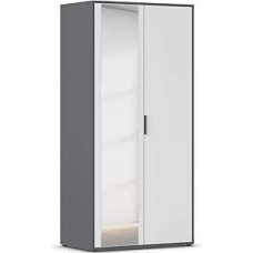Rauch Möbel Hamilton Wardrobe, Wardrobe, Organiser, 2 Doors, with Mirror, Colour: White/Grey Metallic, Black, Short Handle Strip, Grey Metallic, 93 x 194 x 54 cm