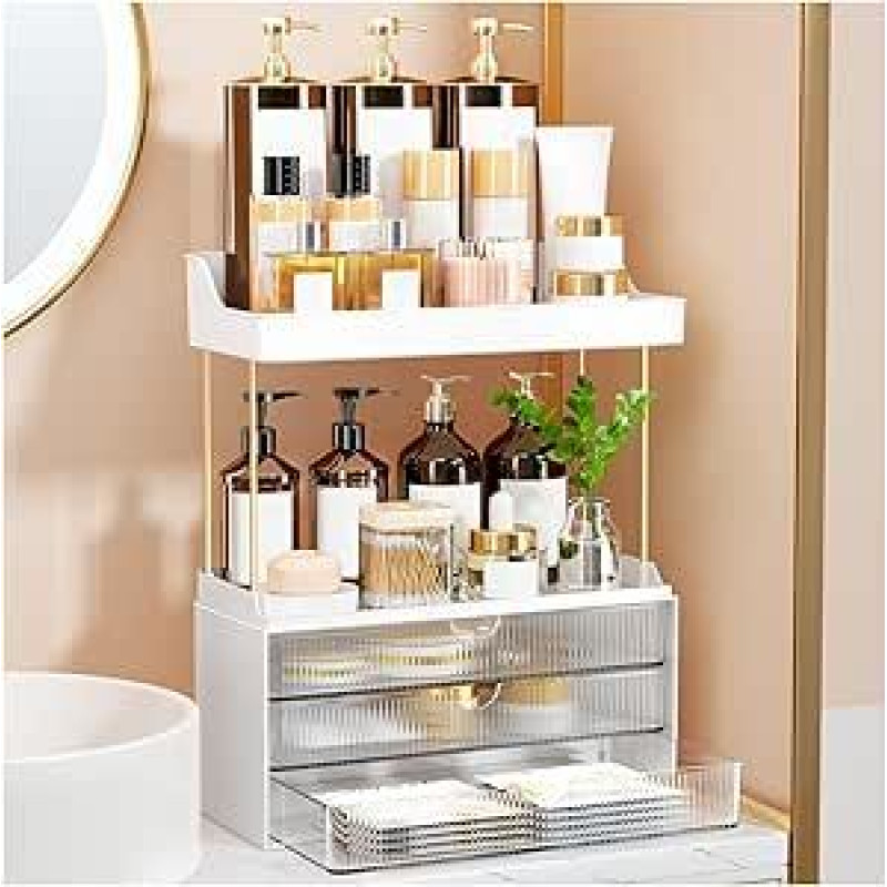 Makeup Organizer - Upgrade 2 Etagen 3 Schubladen Große Vanity Organizer, Vielseitige Kosmetik Aufbewahrung, Exquisite Badezimmer Organizer Aufbewahrung, Hautpflege-Manager, Schminktisch Organizer