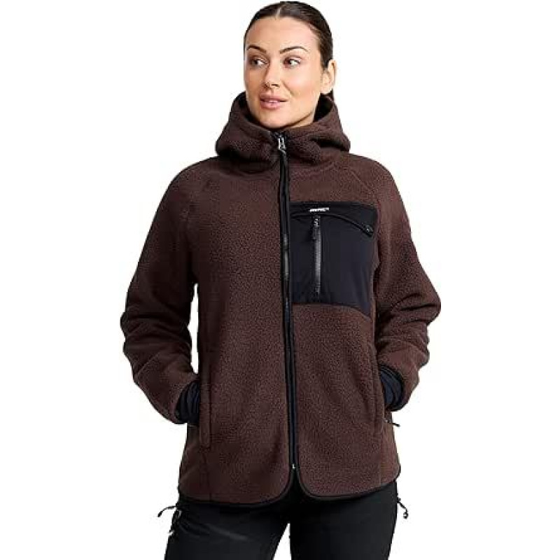 RevolutionRace Sherpa Hoodie moterims, vilnonė striukė, puikiai tinkanti žygiams pėsčiomis ir lauko nuotykiams