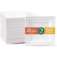 ECO SOUL Pearl White Square 10 Inch (25 cm) Bagasse Paper Plates (Pack of 200) Disposable Tableware and 100% Compostable, Environmentally Friendly Party Tableware, Robust Camping Tableware, Microwave