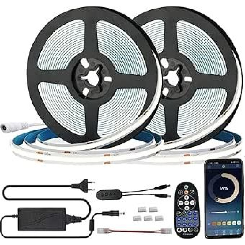 10 m (2 x 5 m) COB LED juosta, šaltai balta, 6000 K, reguliuojamo apšvietimo 8 mm juosta, valdoma 