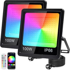 RGB LED prožektorius 100 W, 2 RGB prožektorių pakuotė su 360° nuotolinio valdymo pultu ir 