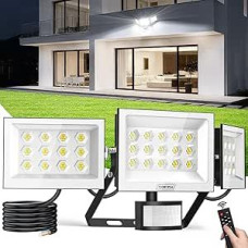 150 W LED prožektorius su judesio jutikliu lauke, 15000LM 6500K LED prožektorius lauke su nuotolinio valdymo pulteliu, 3 lempos galvutės, 90° horizontalus pasukimas, IP65 vandeniui atsparus garažo kiemo žibintas