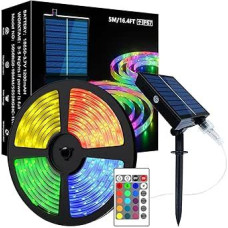 Saulės lauko LED juostelė, RGB LED juostelė 5 m, saulės energija maitinama RGB spalvų keitimo saulės pasakų šviesa su 8 apšvietimo režimais, šalis, sodas, baseinas, sandėlis, lauko apdaila