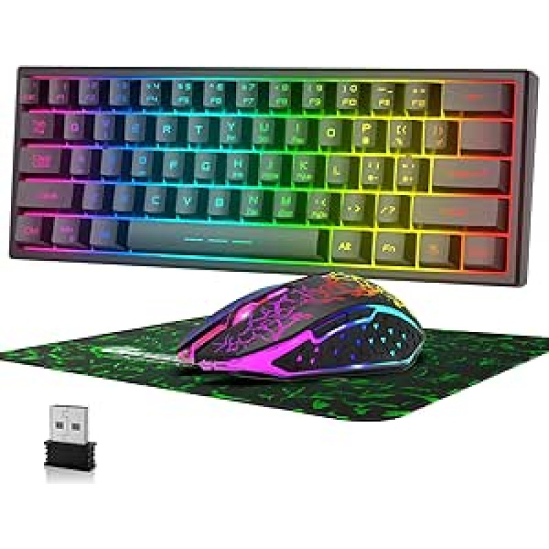 60% Belaidis žaidimų klaviatūros ir pelės komplektas 2,4 GHz įkraunamas 3800 mAh tylus 61 klavišų kompaktiška klaviatūra su vaivorykštiniu LED apšvietimu + 2400 DPI 6 mygtukų vaivorykštinė LED pelė (juoda)