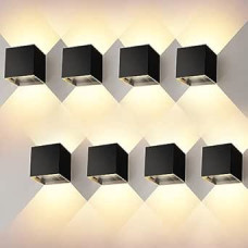 Kingwei Pack of 8 LED Wall Lights Indoor/Outdoor 12 W Wall Lights Up and Down Adjustable Light Beam LED Outdoor Lamp Waterproof IP65 Outdoor Wall Lights Warm White 3000 K Wall Lighting Black