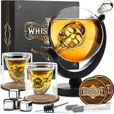 WHISISKEY Whisky Carafe Set - Whiskey Gift Set - Gifts for Men - Men's Gifts Gift - Birthday Gift Man - Skull Decanter 900 ml, Gift Box, 2 Whisky Glasses, 4 Whisky Stones
