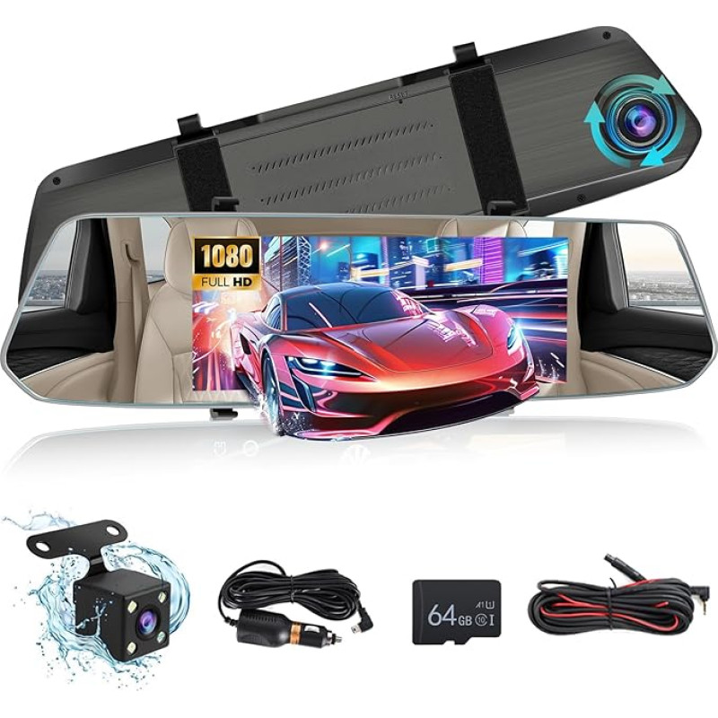 Galinio vaizdo veidrodėlio kamera automobiliui su 64G TF kortele, 7 colių 1080P Full HD jutiklinis ekranas / įrašymas į kilpą / 150° platus kampas / naktinis matymas / G jutiklis / 24 valandų judesio aptikimas / pagalba parkuojant + atbulinės eigos kamera