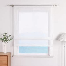 Romanetės, virtuvės romanetės su raišteliu, baltos voalinės užuolaidos, skaidrios baltos spalvos, š x v 100 x 155 cm, 1 vnt.