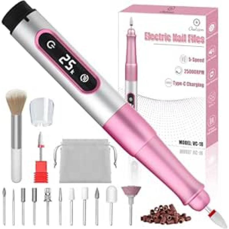 Belaidis nagų pjaustytuvas, 13-in-1 elektrinis nagų pjaustytuvas geliniams nagams, nagų pjaustytuvas geliniams nagams, 25000 apsukų per minutę, USB įkraunamas manikiūro rinkinys, elektrinis, 5 pavarų elektrinis nagų grąžtas
