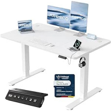 JUMMICO Height-Adjustable Desk with USB Charging Port, 120 x 60 cm, Electric Desk, Standing Seat, Table, Adjustable Computer Desk, White