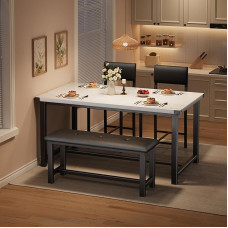 Valgomojo stalo komplektas, 4 dalys, valgomojo stalas su 2 minkštomis kėdėmis ir suolais, valgomojo grupė 4 žmonėms, stačiakampio formos virtuvės stalo komplektas svetainei, valgomajam, virtuvei, baltas marmuras