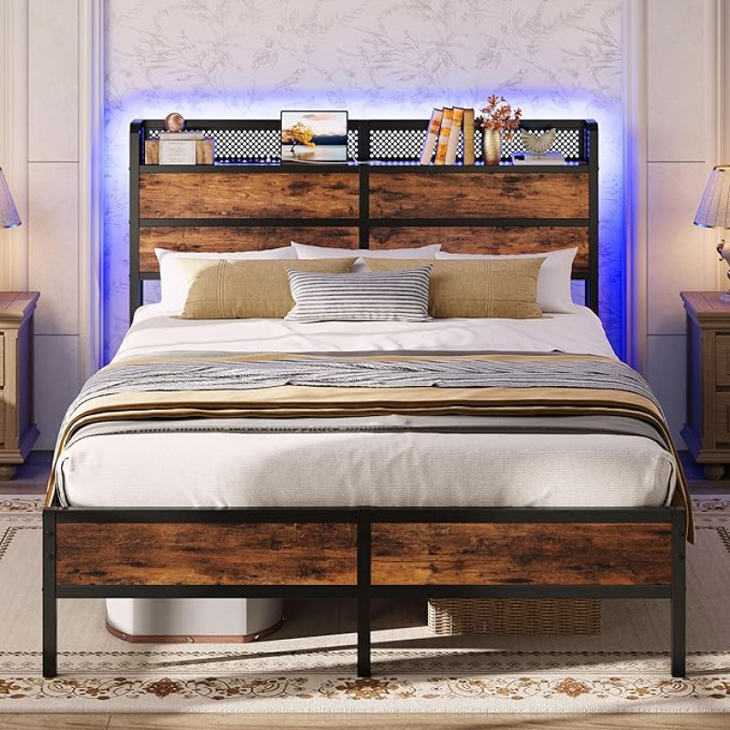 IRONCK lova 140 x 200 cm, lovos rėmas 140 x 200 cm su LED apšvietimu ir įkrovimo stotele (2 kištukiniai lizdai, 1 USB ir 1 C tipo prievadas), metalinė lova, dvigulė lova su skersiniu rėmu, po lova įrengta daiktų laikymo vieta