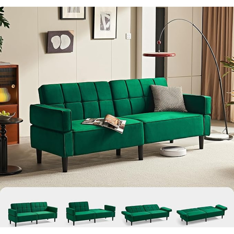 LINSY HOME Sofa su miego funkcija, sofa-lova su reguliuojamu atlošu ir porankiais, 3 sėdimų vietų sofa su miego funkcija, pagaminta iš aksomo audinio, 230 x 100 cm gulėjimo plotas, idealiai tinka svetainei (žalia)