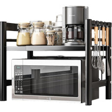 YENTAKE Reguliuojamas mikrobangų krosnelės stovas, 2 pakopų išplečiamas virtuvės mikrobangų krosnelės stovas, anglies plieno mikrobangų krosnelės laikiklis, virtuvės laikymo organizatorius su 6 kabliukais, juodas