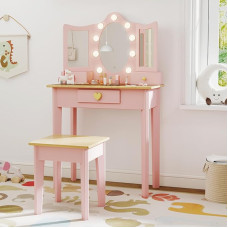 labebe Kids Dressing Table with LED Colour Changing Lights Dressing Table and Chair Set, Wooden Princess Makeup Desk with Drawer (Pink)