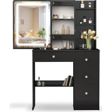 ANCOLOV Make-Up Table with Lighting 80 cm Wide Cosmetic Table with LED Mirror and Light and Storage Space, Make Up Table with 4 Drawers, Adjustable Lighting Dressing Table, Modern Black