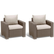 Allibert by Keter California Garden Lounge Chairs Cappuccino/Sand Set of 2 with Seat and Back Cushions Plastic Round Rattan Look 83 x 68 x 72 cm