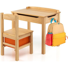 FANTASK vaikiškas rašomasis stalas su medžio masyvo kėde, atlenkiamas vaikiškas sėdimųjų vietų rinkinys su sulankstomu stalviršiu, stalčiumi ir kabliuku, veiklos stalas, vaikiškas sėdimųjų vietų rinkinys vaikams nuo 3 metų (natūralus)