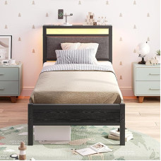 FOUBAM Polsterbett Bettgestell 90x200cm, Bettrahmen mit LED und Ladestation, Metallbett mit Kopfteil,Modern Gästebett Jugendbett Bettrahmen,Bett 90x200cm mit Lattenrost für Schlafzimmer, Schwarz
