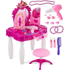 Prextex Enchanting Princess Dressing Table Set for Children - Glamour Pink Dressing Table, Beauty Mirror, Pink Stool, Christmas Gifts and Accessories for Imaginative Play for Girls