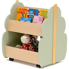 HOMASIS Children's Bookcase, Toy Shelf with 2 Compartments, Wooden Children's Shelf, Standing Shelf with 4 Wheels, Cute Toy Box Storage for Children's Room, Playroom & Nursery (Green + Natural)