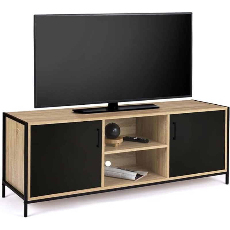 IDMarket - 140 cm Bostono 2 durų juodos spalvos pramoninio dizaino televizoriaus stovas