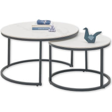 Stella Trading GINO Side Table Set of 2 in Marble Look, Round, White, Modern Coffee Table Set with Black Metal Frame, 80 x 42 x 80 cm (W x H x D)