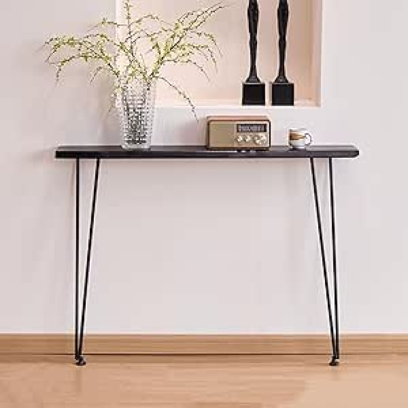 Pramoninis siauras konsolinis sofos stalas Medžio masyvo viršus Juodos plaukų smeigtukų kojos 120x20x80cm Puikiai tinka gyvenamojo kambario prieškambariui už sofos Įėjimo baldai