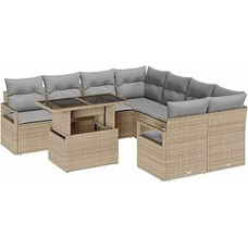 Rantry 9-teiliges Garten Sofa Set mit Kissen, Beige Poly Rattan Gartenlounge Modelis3348796