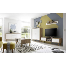 Beauty.Scouts Baldų komplektas Scandic IX Ąžuolas Riviera NB / baltas matinis 5 dalių svetainės baldų komplektas Spintelės Svetainės baldų komplektas